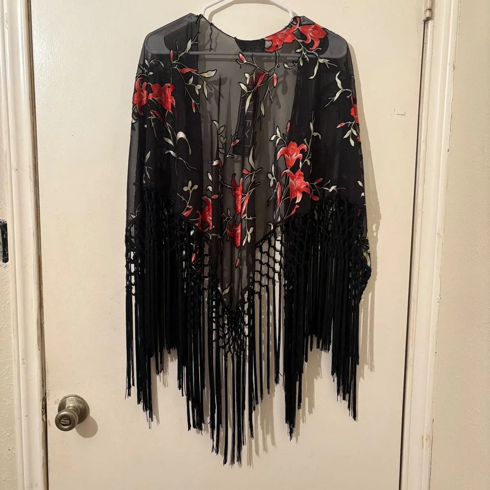 NWT Vtg Black Sheer Chiffon Burnout Fringe Wrap Shawl Blouse Set Whimsigoth Boho